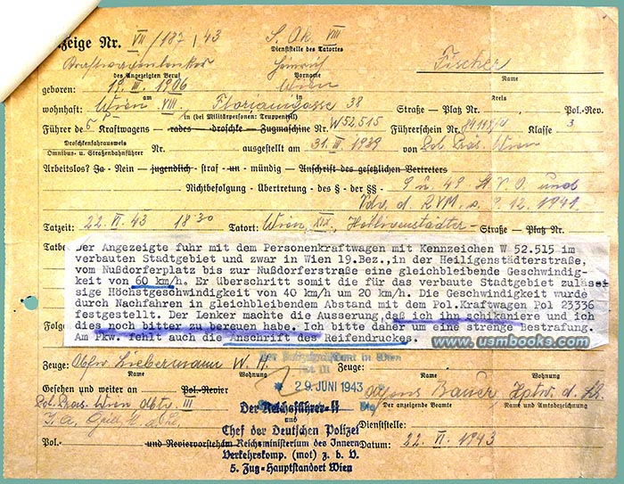 June 1943 Nazi police speeding report, Mrs. Heinrich Hoffmann