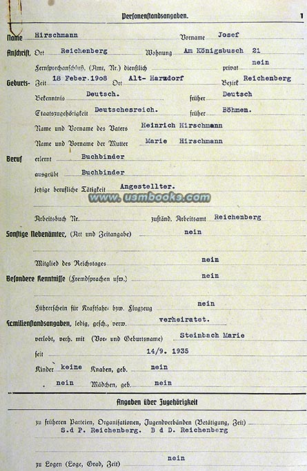 Josef Hirschmann, Reichenberg, Sudetenland