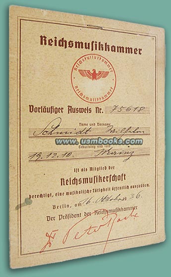 1937 RKK Ausweis Musiker Wilhelm Schmidt, Frankfurt am Main