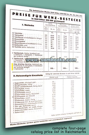 Wenz silverware pricelist in Reichsmarks